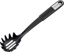Fackelmann Łyżka do spaghetti 30 cm SENSE, łyżka do makaronu z częścią funkcyjną z tworzywa sztucznego, antypoślizgowy uchwyt Soft-Touch, do powlekanych patelni i garnków (kolor: srebrny/czarny), ilość: 1 sztuka