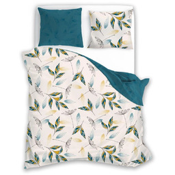 Pościel flanelowa kremowo-turkusowa w liście PGO-07