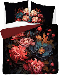 Pościel bawełniana czarna w kolorowe kwiaty SJC-239