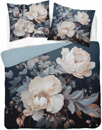 Pościel bawełniana niebieska w kremowe kwiaty SJC-240