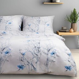 Darymex Pościel satynowa 180x200 1547/1 biała niebieska gałązki kwiaty Satynlove