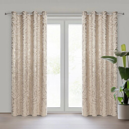 Zasłona welwetowa beżowa z błyszczącym nadrukiem liści ZKOP-03