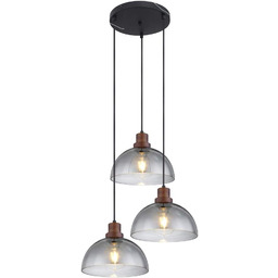 Lampa wisząca czarna matowa okrągła, 3 zawieszki, drewno dąb szkło brązowy przydymiony