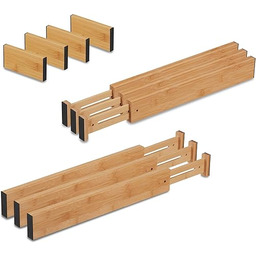 Relaxdays Separator do szuflad, 10-częściowy zestaw, regulowana długość od 43,5 do 56,5 cm, bambus, rozdzielacz do szuflad kuchennych, naturalny