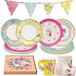 Talking Tables Kwiatowy zestaw stołowy i dekoracje w stylu vintage dla 12 gości, talerze papierowe i serwetki, filiżanki do herbaty, flagi i obrus, na urodziny, Dzień Matki, baby shower