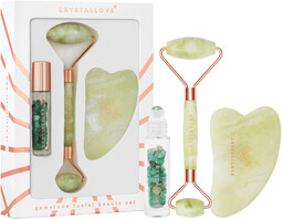 CRYSTALLOVE Jade Beauty Set Zestaw roller do masażu twarzy + płytka gua sha + buteleczka roll-on