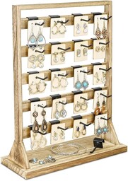 Ikee Design Drewniany stojak na biżuterię z 20 haczykami, stojak na karty na kolczyki z haczykami, wieża na biżuterię na karty na kolczyki, naszyjniki, breloki, kolor dębowy