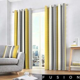 Fusion Zasłony z oczkami w żółte paski, 117 x 183 cm, 100% bawełna, białe/żółte zasłony do sypialni/salonu, zasłona na drzwi, zasłony i zasłony, 2 panele, ochra