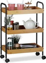 Relaxdays, Naturalny/czarny bambusowy wózek na kółkach, 3 półki, naturalny wygląd, kółka obracane o 360 , stal, wys. x szer. x gł.: 70 x 50 x 28 cm, standardowy