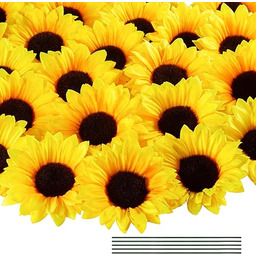 Coferset Sztuczne główki słonecznika z łodygami, 10 cm, sztuczne główki słonecznika, jedwabne główki słonecznika na imprezę, baby shower, dekoracja ślubna, DIY, rękodzieło, dekoracja na Święto
