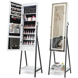 COSTWAY Szafka na biżuterię z półką, szafka z lustrem z lustrem na całe ciało, 3 kolorowe diody LED i 2 szuflady, wolnostojący organizer na biżuterię do sypialni, salonu (biała)