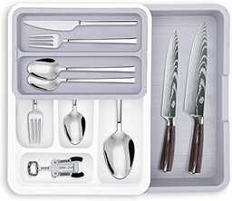 MDHAND Pojemnik na sztućce do szuflad, możliwość rozszerzenia, regulowany, idealny organizer do szuflady kuchennej, uchwyt na sztućce, 8 elastycznych przegródek (biało-szary)