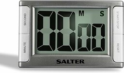 Salter 396 SVXR Minutnik Premium Contour, stoper cyfrowy, mocowany magnetycznie/wolnostojacy, odliczanie w góre/w dól, do 99 min 59 s, sygnal audio, przycisk Start/Stop, 2-letnia gwarancja, srebrny