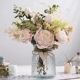 JARELING Jedwabne kwiaty róży w wazonie, sztuczne kwiaty ze szklanym wazonem, sztuczna róża do dekoracji stołu (różowa róża)