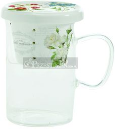 SZKLANY KUBEK Z PORCELANOWYM ZAPARZACZEM I POKRYWKĄ Natural - Kwiaty (352 NATU)