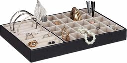 Relaxdays, Szkatułka na biżuterię łącznie z pudełkiem na pierścionki, płaska, 30 przegródek, aksamitna, czarna taca na biżuterię dla kobiet, sztuczna skóra, 20 x 30 x 3 cm