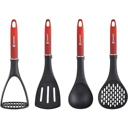 BERGNER Classique zestaw 4 przyborów kuchennych z szpatułką, miecznikiem, łyżką i praską do ziemniaków z czerwonym uchwytem wytrzymałe naczynia z otworem do zawieszenia