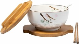 lachineuse - Duża miska azjatycka z porcelany - Zupa & Makaron - Biały odcień 16 cm - Japoński styl Zen - Pojemność 1000 ml - Łyżka, pałeczki i stojak - Dekoracja japońskiej zastawy stołowej