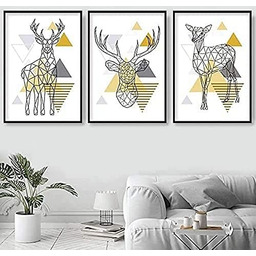 Artze Wall Art Skandynawski geometryczny jeleń jeleń Doe nowoczesny druk artystyczny obrazy na ścianę 3-częściowy zestaw, 30 cm szerokości x 40 cm wysokości, żółty/szary