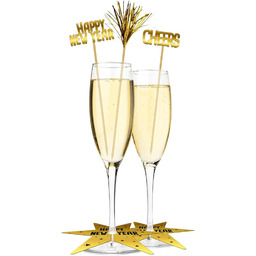 Folat 63753 Szklany zestaw dekoracyjny-czarny-złoty HNY-12 sztuk dekoracja sylwestrowa, impreza noworoczna, dekoracja sylwestrowa, szczęśliwego Nowego Roku, wielokolorowy