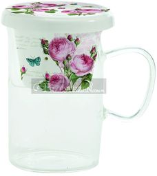 SZKLANY KUBEK Z PORCELANOWYM ZAPARZACZEM I POKRYWKĄ Romantic Roses RÓŻE (352 RMR)