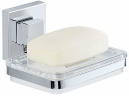 WENKO Vacuum-Loc  mydelniczka ścienna Quadro, mydelniczka do łazienki i kuchni, uchwyt ścienny bez wiercenia, nierdzewna, błyszcząca stal nierdzewna z przezroczystą miską z tworzywa sztucznego, 12 x 6,5 x 12 cm