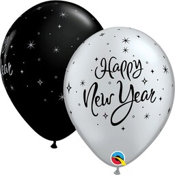 Balony srebrne czarne na sylwestra Happy New Year 50 sztuk