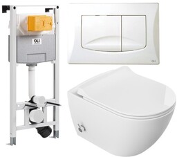 ZESTAW 5w1 : Stelaż OLI+ biały przycisk + Miska WC z funkcją bidetu Rimless 51x36x32,5 cm i z baterią ciepła zimna /woda +deska duroplastslim soft close , biała