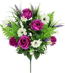 Sztuczny bukiet róż z kwiatami lawendy, paproć 52 cm, krzak róży, sztuczny bukiet, jedwabny bukiet kwiatów, bukiet kwiatów, bukiet sztucznych kwiatów, róża, dekoracja stołu