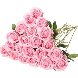 Hotop Sztuczne kwiaty róży z długą łodygą, realistyczne jedwabne róże, luzem, prawdziwe w dotyku, plastikowe, bukiet róż, do domu, dla panny młodej, na wesele, przyjęcie, dekoracje stołu, różowe, 20