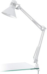 EGLO Zaciskowa lampa biurkowa Firmo, lampka nocna w stylu vintage, industrialny i retro, oświetlenie biurowe wykonane z białej stali i tworzywa sztucz