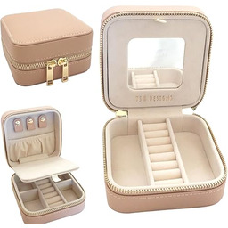YSM Designs Podróżny organizer na biżuterię, podróżne etui na biżuterię, małe pudełko na biżuterię dla kobiet, etui podróżne na biżuterię, organizer na kolczyki z lustrem (beżowe)