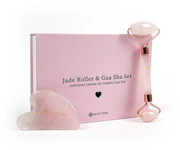 Jadeitowy zestaw do masażu Gua Sha - płytka + wałek Acus Med - różowy