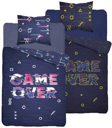 Detexpol Pościel świecąca w ciemności 160x200 Game Over dla gracza granatowa różowa młodzieżowa 3678A Fluo 0322