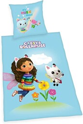Herding Zestaw pościeli Gabby''s Dollhouse, poszewka na poduszkę 70 x 90 cm, poszwa na kołdrę 140 x 200 cm, z lekko poruszającym się zamkiem błyskawicznym, bawełna