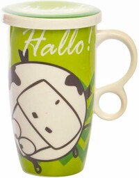 Avilia Kubek do zaparzania z filtrem do herbaty ziołowej i gorącej herbaty - Idealny na zimę gorący zaparzacz do herbaty z dekoracją krowy, porcelana, 420 cm3, biały i zielony