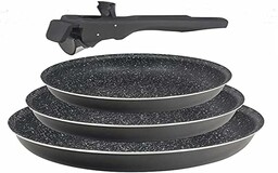 Bergner Click & Cook 3-częściowy zestaw patelni tłoczone aluminium i nieprzywierające Zawiera 3 patelnie 20, 22 i 26 cm ze zdejmowanym ergonomicznym uchwytem do wszystkich typów kuchenek i piekarników