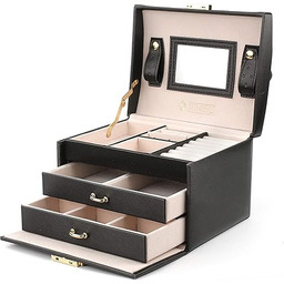 STENBERG Szkatułka na biżuterię z 2 szufladami, zamykany pojemnik na biżuterię z lustrem na pierścionki, bransoletki, kolczyki, aksamitną podszewkę, organizer na biżuterię, czarny (czarny)