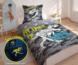 Detexpol Pościel świecąca w ciemności 160x200 Dinozaury T-Rex szkielet moro szara 3042 A 4310