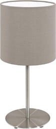 EGLO Lampa stołowa Pasteri, 1-punktowa tekstylna lampa stołowa, lampka nocna z metalu w kolorze srebrnym i tkanina w kolorze taupe, oprawa E14, włącznik, wys. 27,5 cm, nikiel matowy