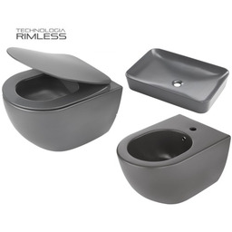 ZESTAW: Miska WC 51x36x35,5 cm RIMLESS+deska wolnoopadająca SLIM+bidet+umywalka, Antracyt