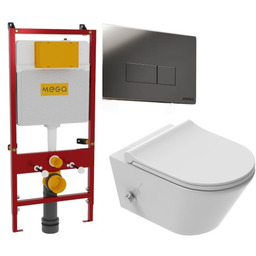 ZESTAW 3w1 : Miska WC z funkcją bidetu, Tornado z baterią ciepła zimna /woda +deska duroplast slim soft close, biała Viba Azul + STELAŻ profesjonalny podtynkowy + przycisk czarny MEGA