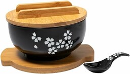 lachineuse - Duża miska azjatycka z porcelany - Zupa & Makaron - Czarny odcień 16 cm - Japoński styl Sakura - Pojemność 1000 ml - Łyżka, Pałeczki i Stojak - Dekoracja Prezent Japońska zastawa stołowa