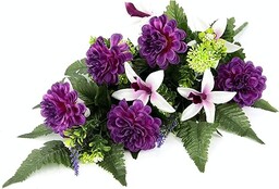 Ozdoba nagrobna ze sztucznymi daliami i orchideami, nakładka na grób, sztuczne kwiaty, dekoracja nagrobna, kompozycja cmentarna, aranżacja kwiatów, bieżnik stołowy, jedwabne kwiaty, dekoracja