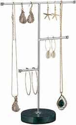 Relaxdays Stojak na biżuterię, podstawa z marmuru, przechowywanie biżuterii na łańcuszki, kolczyki i bransoletki, 3 drążki, zielony/srebrny