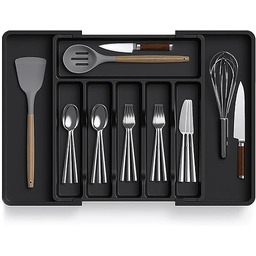 Zuvo Rozszerzalny duży organizer na sztućce z tworzywa sztucznego, czarna taca na sztućce do przyborów kuchennych, idealny do plastikowych szuflad do przechowywania, duży organizer na sztućce