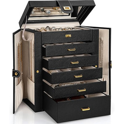 AKOZLIN Organizer na biżuterię, funkcjonalny, skórzany, etui do przechowywania biżuterii, dla kobiet, dziewcząt, pierścionek, naszyjnik, kolczyki, bransoletka, uchwyt, organizer z lustrem, czarny