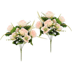 Flair Flower Sztuczny bukiet kwiatów róże/róże bożonarodzeniowe, dekoracja na stół, dekoracja na stół, sztuczne kwiaty, bukiet jedwabne kwiaty, zestaw 2 sztuk, różowy/biały, 48 x 30 x 30 cm