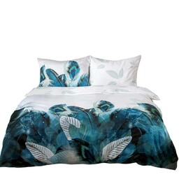 Darymex Pościel satynowa 160x200 22401 biała niebieska liście bawełniana Panel