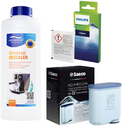 Zestaw Philips Saeco - Filtr Philips Aquaclean CA6903, Uniwersalny Odkamieniacz 500ml, Philips CA6705/10 Środek do Obiegu Mleka